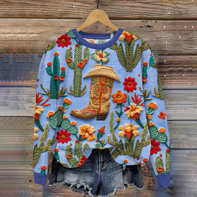 Vintage Western Embroidery Boots and Floral Art Printed Casual Sweatshirt