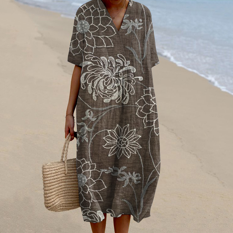 Vintage Floral Print V-Neck Loose Midi Dress