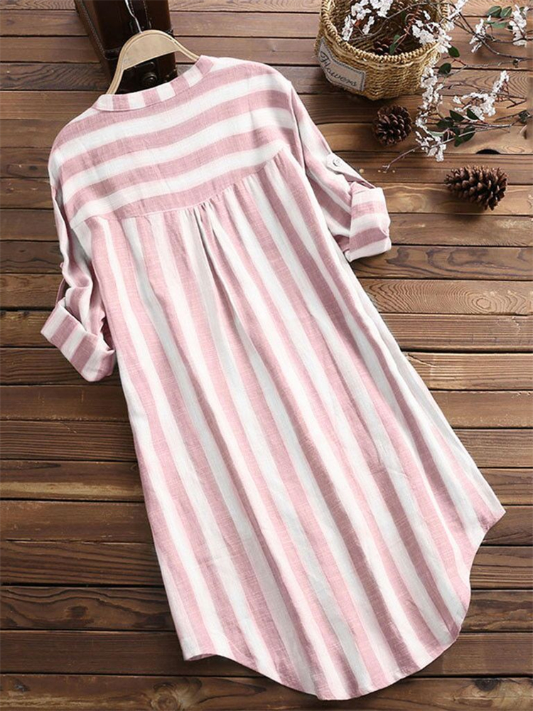 Striped Roll Tab A Line Long Blouse