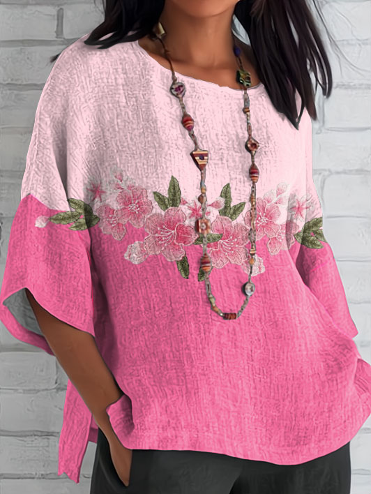 Women's Pink Flowers Embroidery Pattern Top