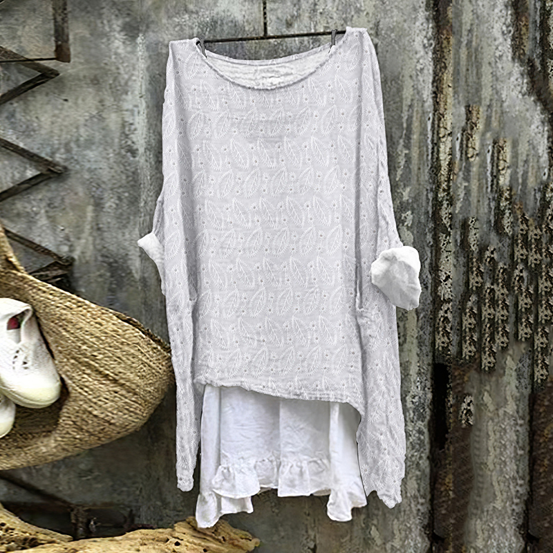 Leaf Embroidered Printed Loose Linen Blend Blouse