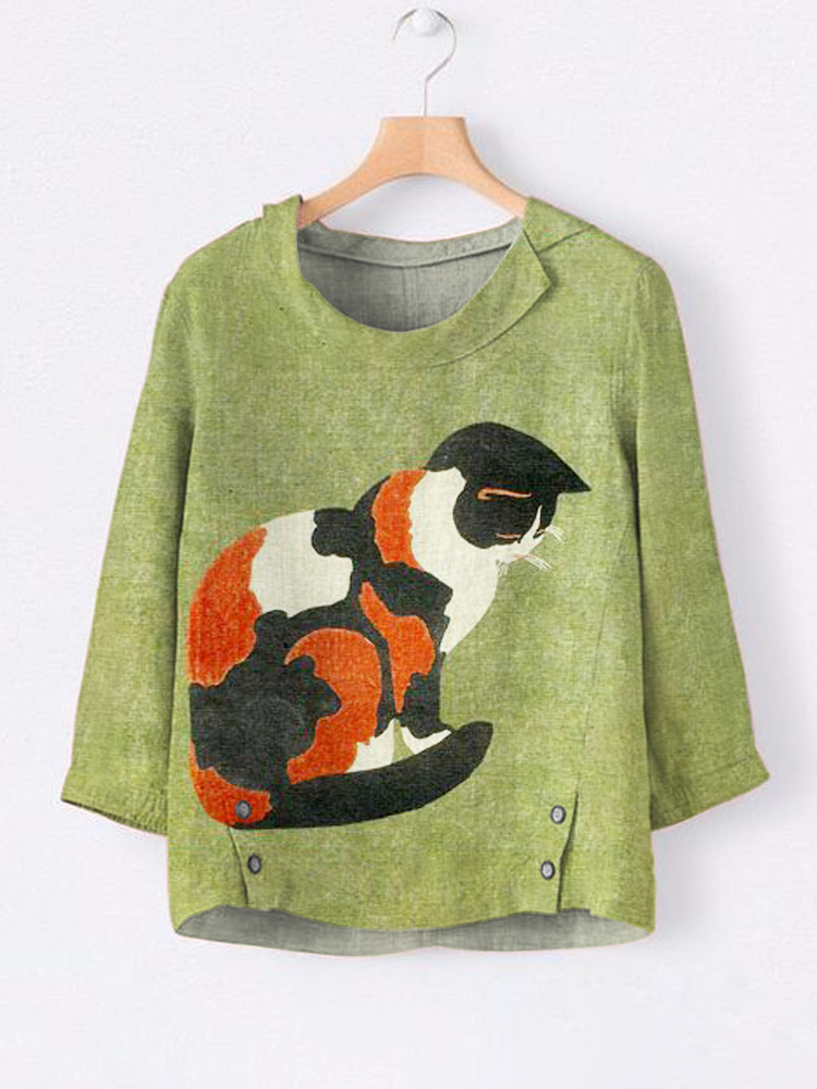 Hana Cat Japanese Art Linen Lapel Shirt