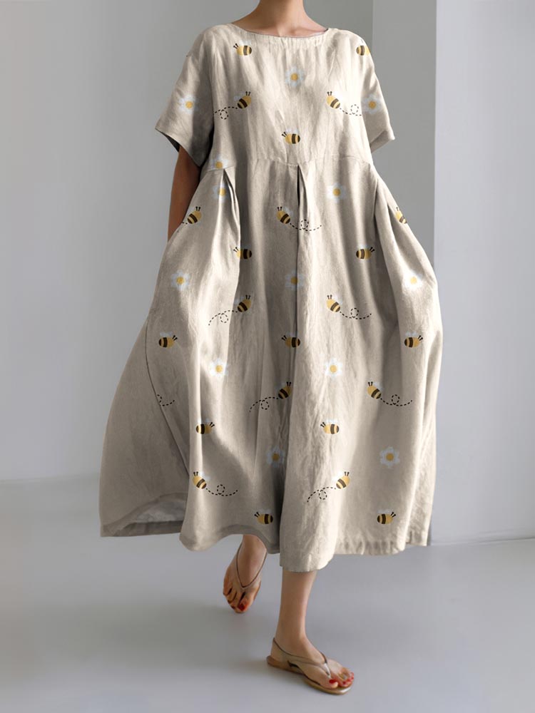 Women's Vintage Bee Art Cozy Linen Maxi Dress