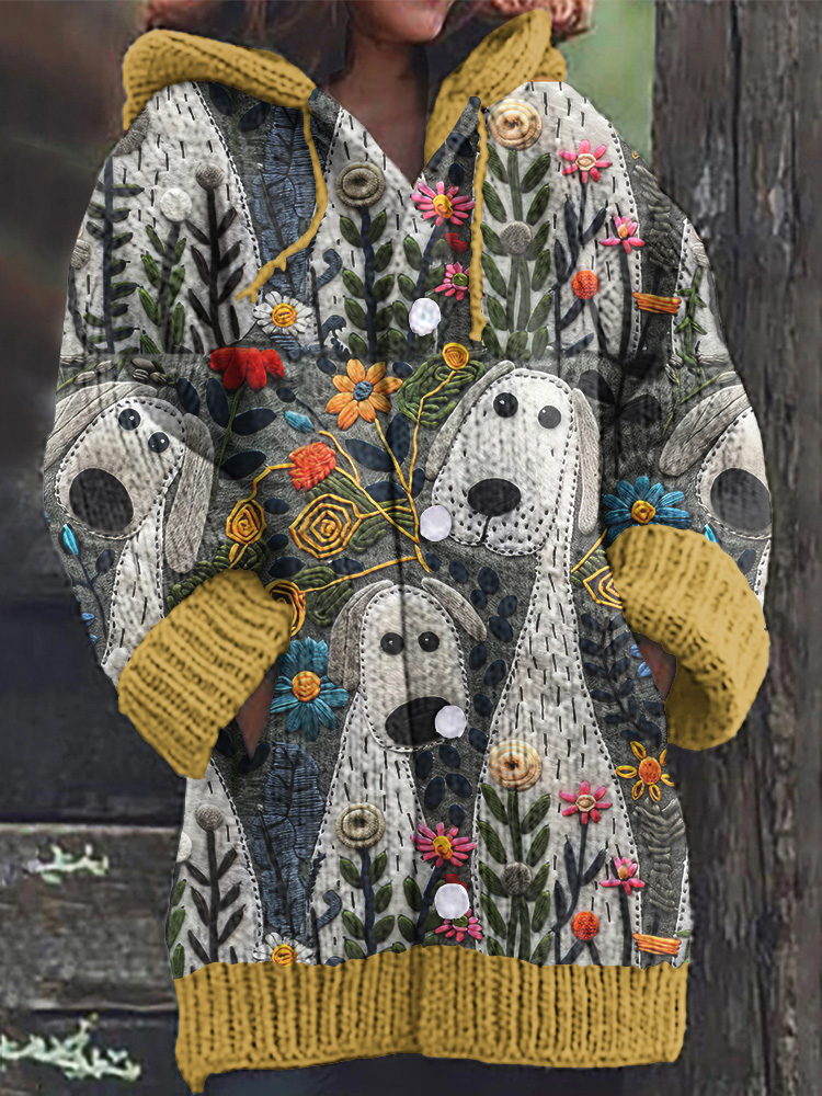 Women's Cute Dogs And Floral Art Button Casual Sweater