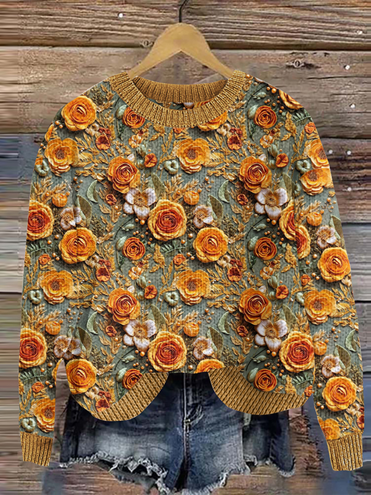 Flower Art Print Knitted Pullover Sweater