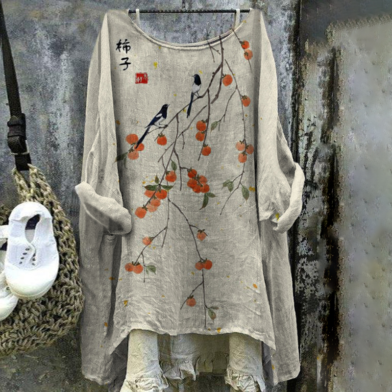 Women's Japanese Art Birds Loose V Neck Casual Shirt