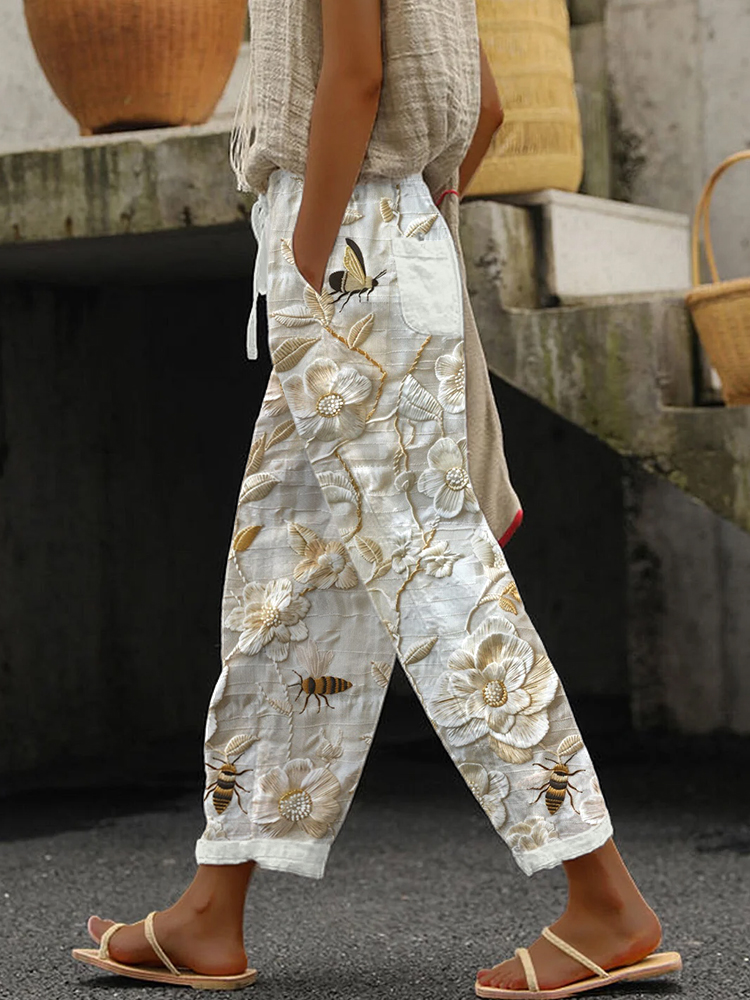 Bees Flowers Embroidery Pattern Linen Blend Pants