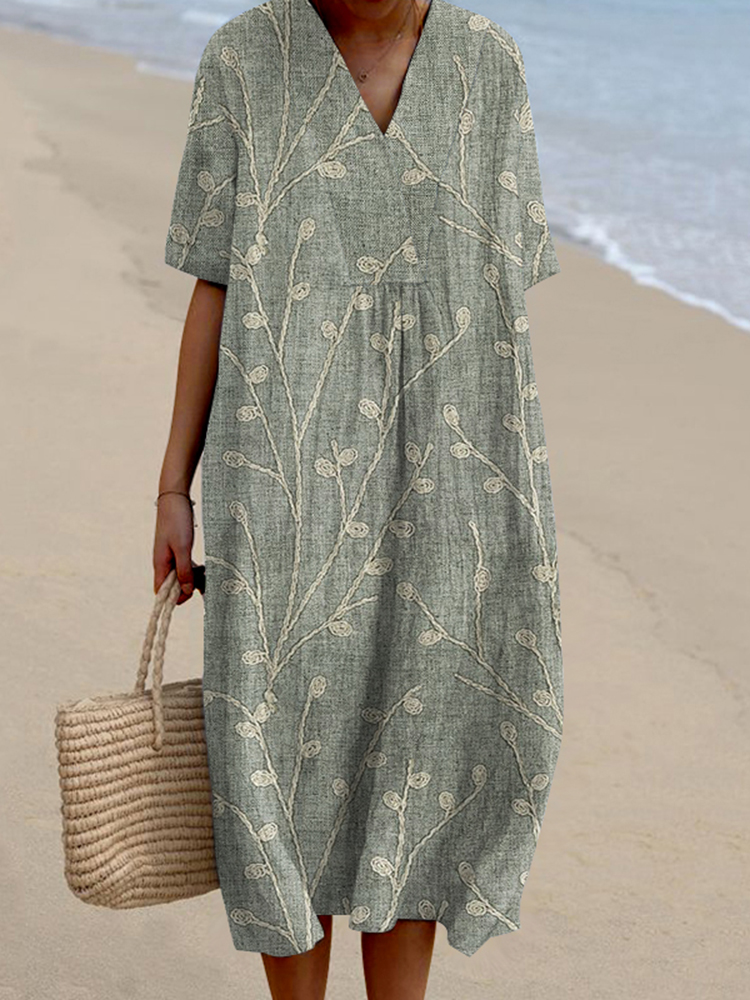 Vintage Embroidery Floral Print V-Neck Loose Midi Dress