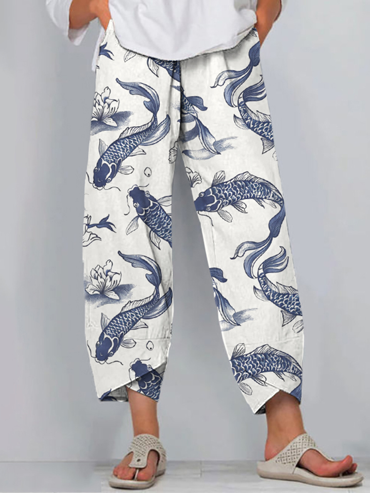 Vintage Japanese Traditional Fish Art Cropped Casual Pants