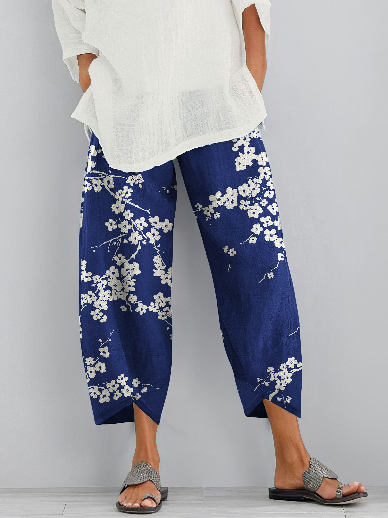 Cherry Blossom Print Loose Casual Pants