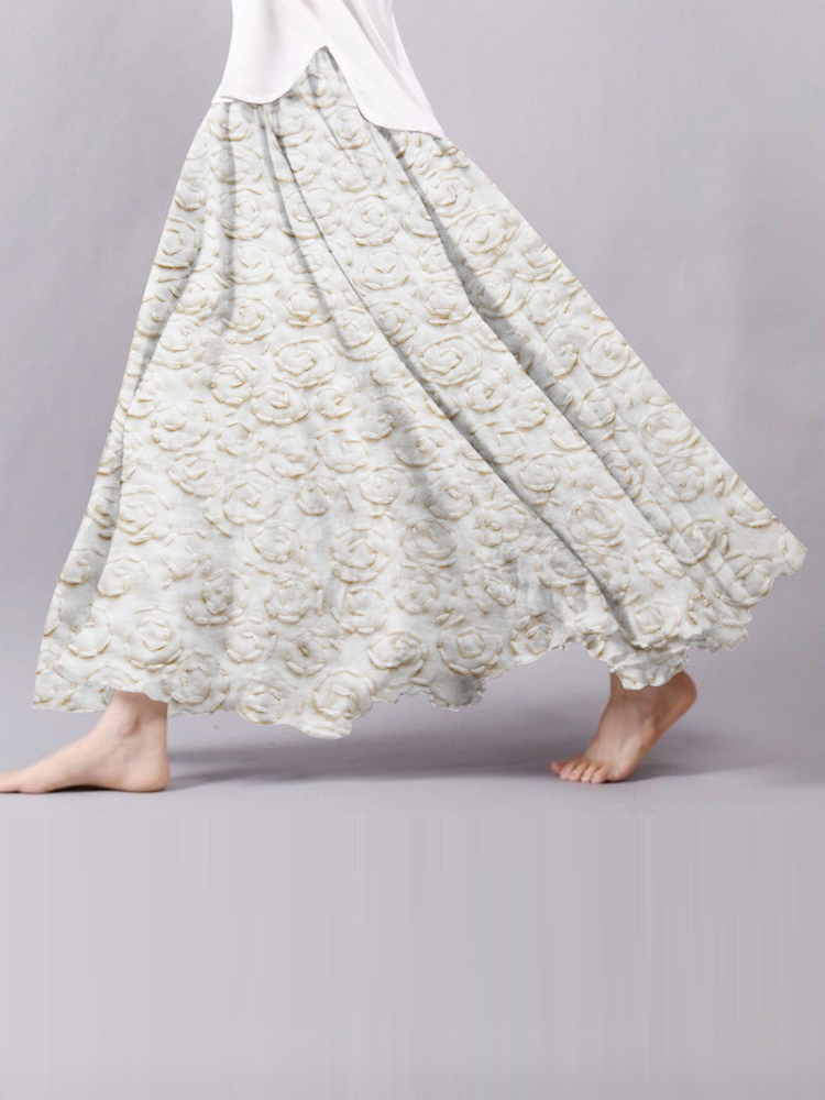 Embroidered Art Print Linen Blend Flowy Skirt