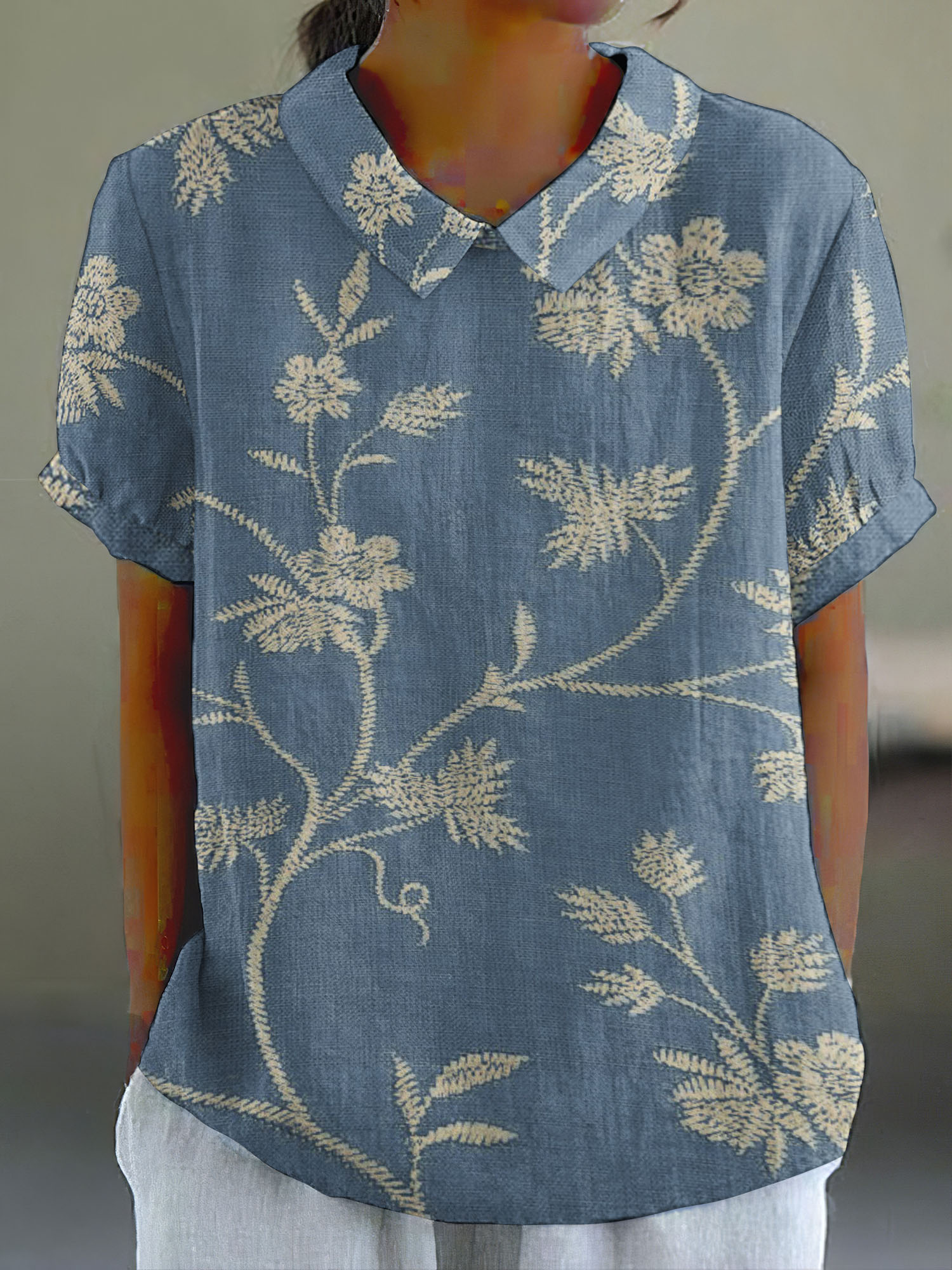 Women'S Retro Floral Art Print Casual Cotton Linen Shirt