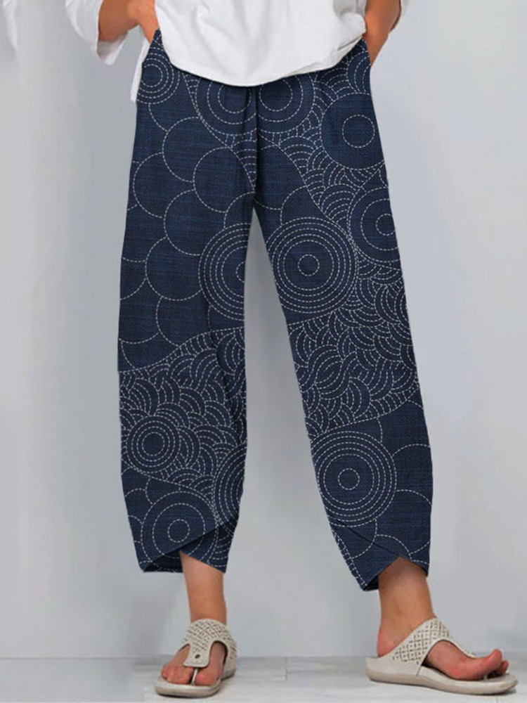Japanese Traditional Sashiko Art Pattern Art Cropped Casual Pants