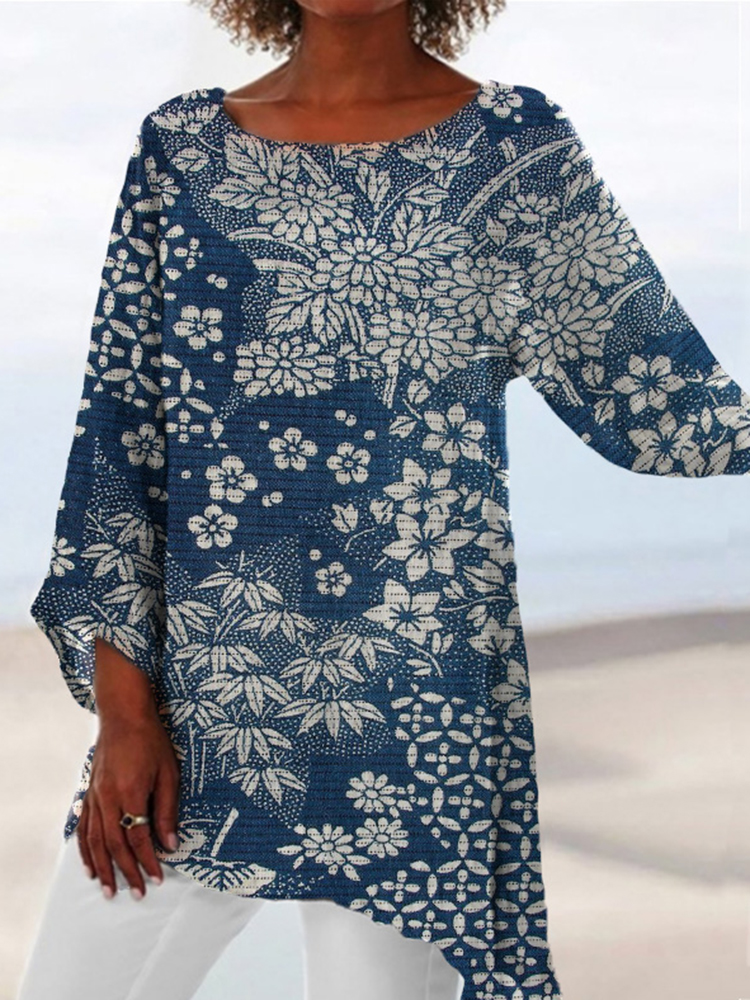 Vintage Japanese Art Print Round Neck Loose Blouse