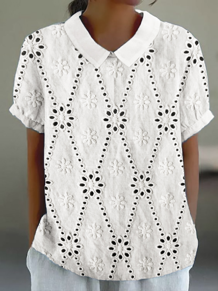 Cottage Floral Embroidered Lace Linen Blend Tunic