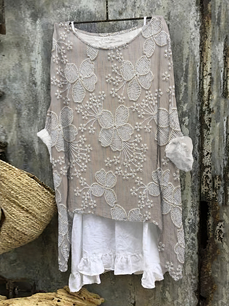 Vintage Floral Art Linen Blend Flowy Tunic