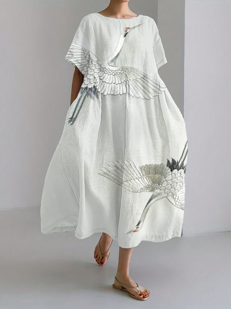 Flying Cranes Japanese Embroidered Linen Blend Maxi Dress