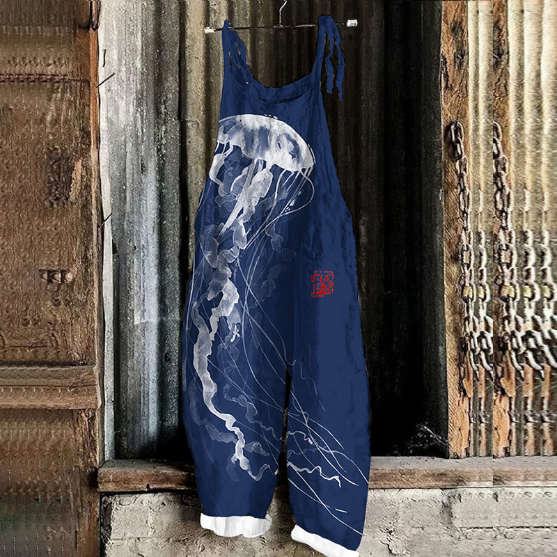 Japanese Art Jellyfish Print Casual Linen Blend Jumpsuit