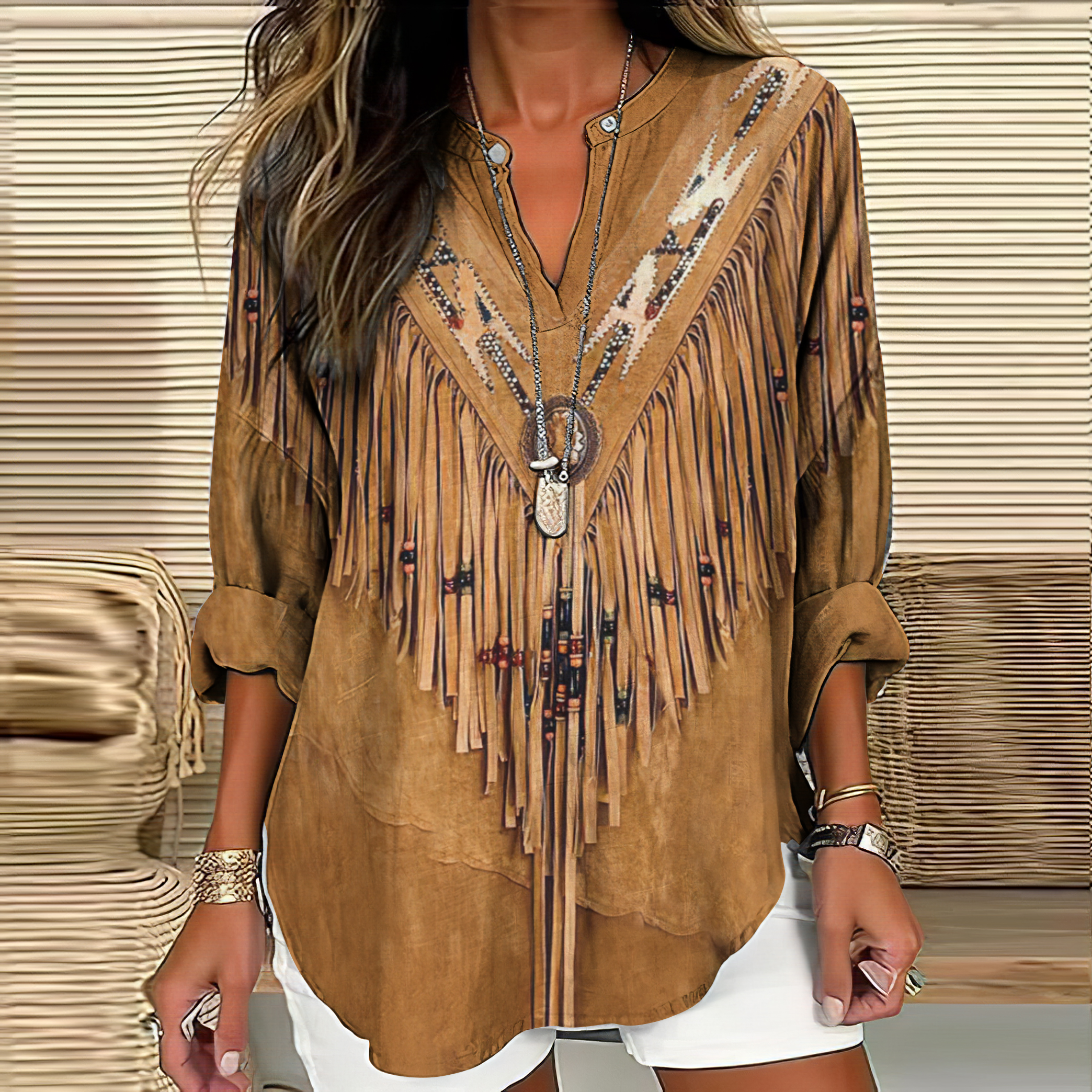 Vintage Western Tassels Print Loose Casual Cotton Linen Shirt