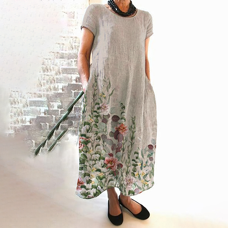 Casual Loose Botanical Floral Print Linen Midi Dress