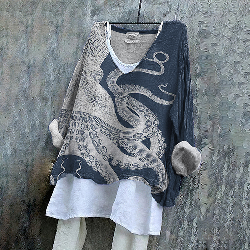 Japanese Art Octopus Graphic Printed V-Neck Casual Blouse