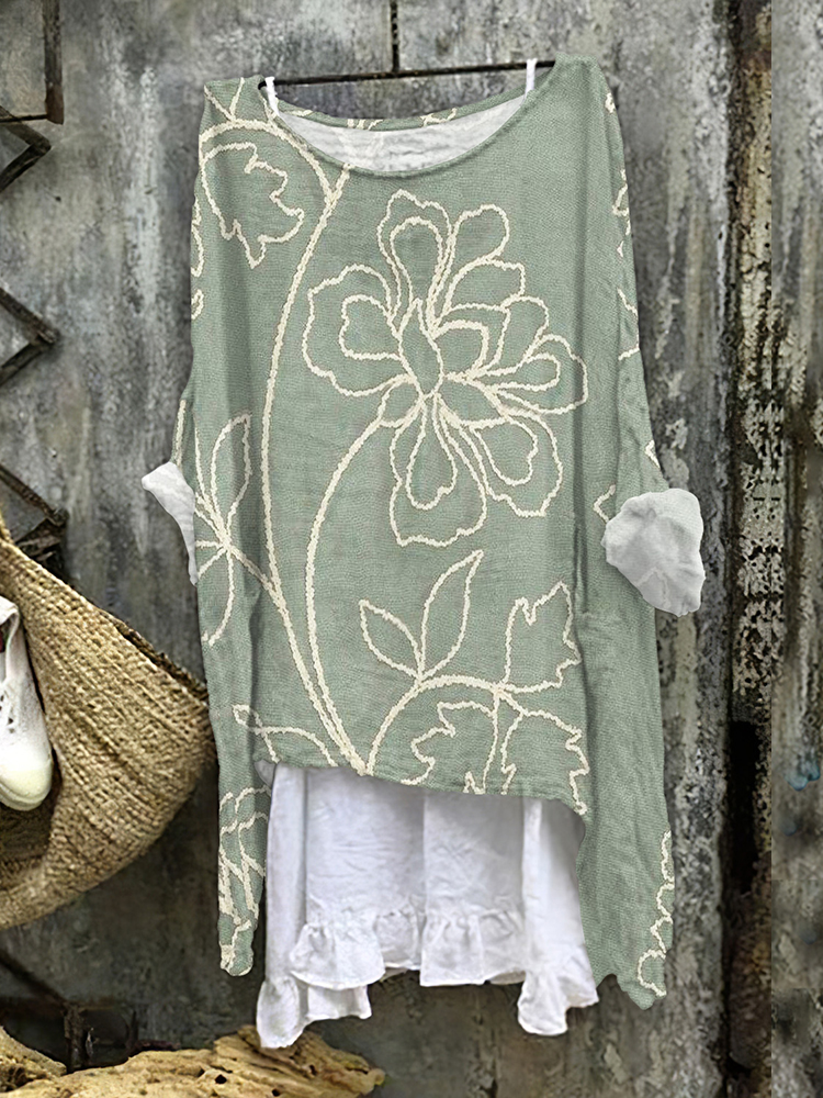 Vintage Floral Art Linen Blend Flowy Tunic