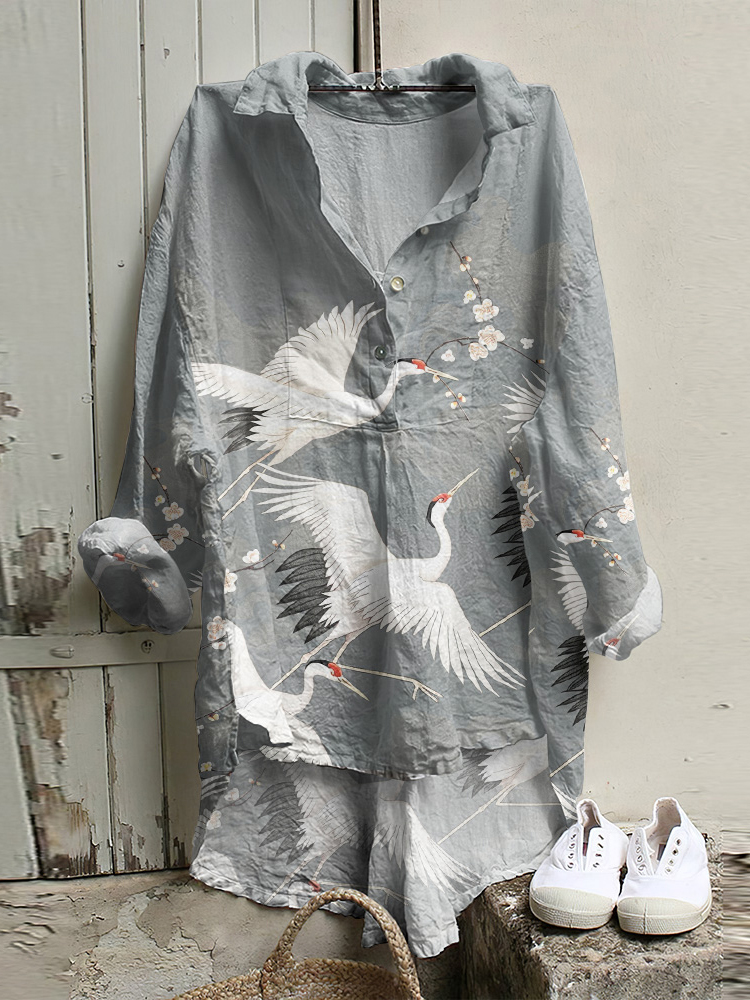 Crane Print Loose Casual Shirt