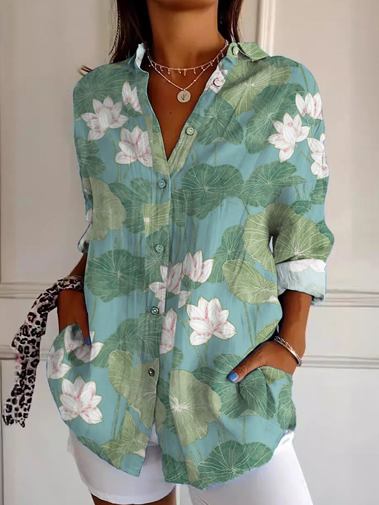 Casual Water Lily Art Pattern Women'S Shirt