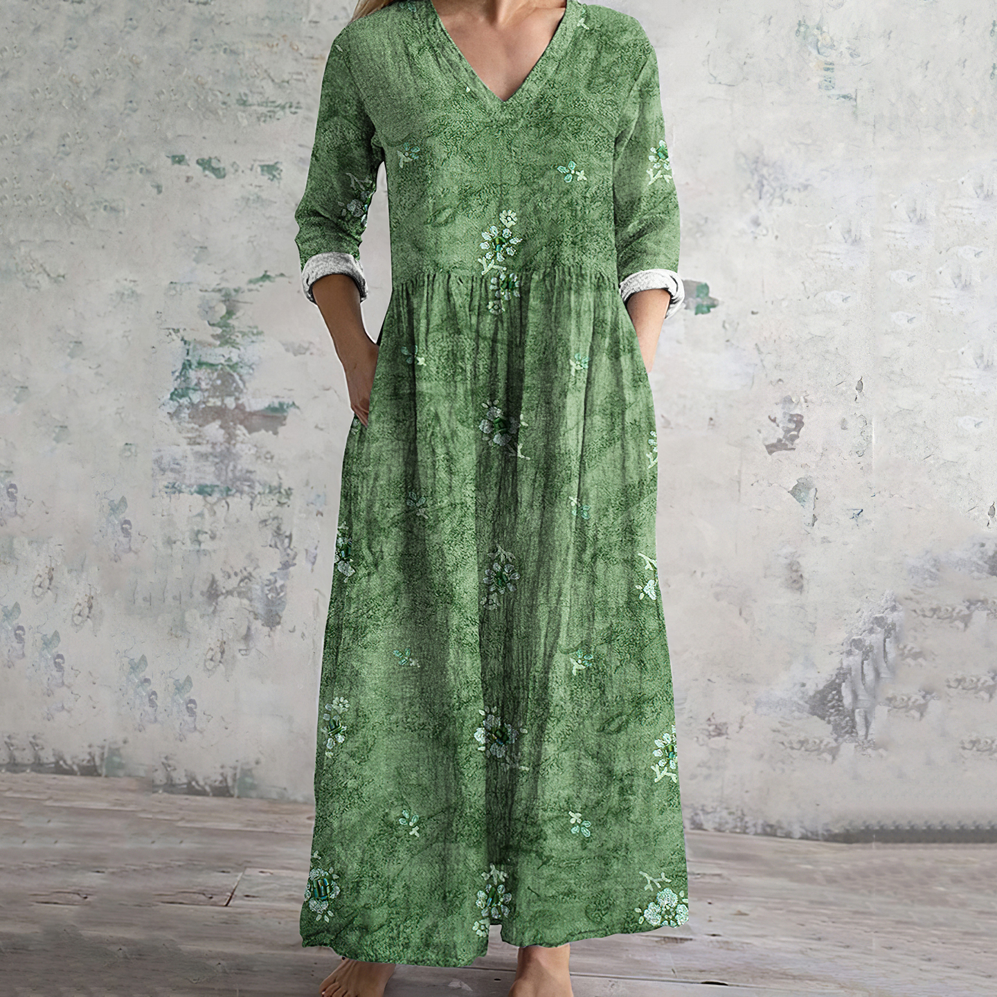 Vintage Green Floral Print Women's Dress