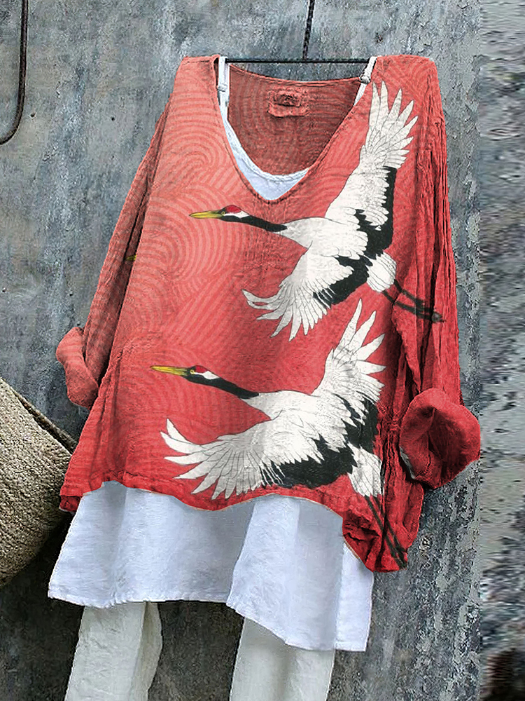 Japanese Ukiyoe Flying Crane Art Cotton Linen V Neck Casual Shirt