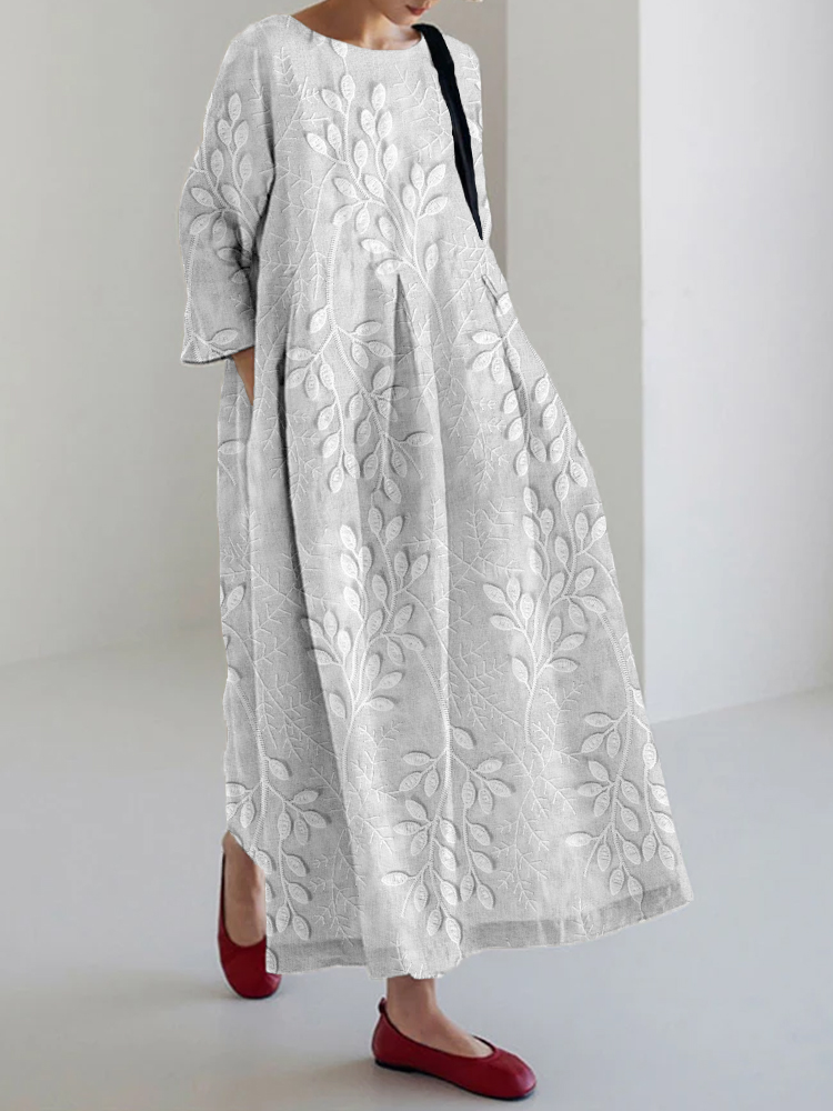 Leaves Embroidered Linen Blend Cozy Maxi Dress