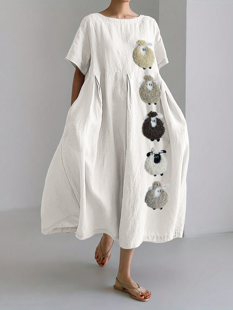 Vintage Colorful Sheep Fleece Linen Blend Maxi Dress