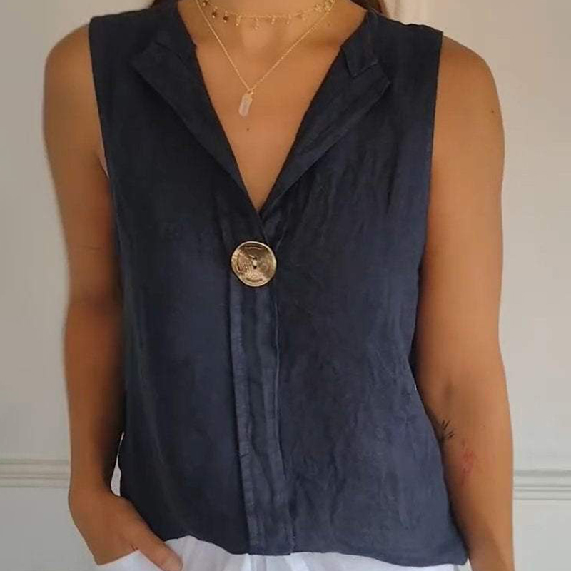 Casual cotton and linen sleeveless button v-neck top