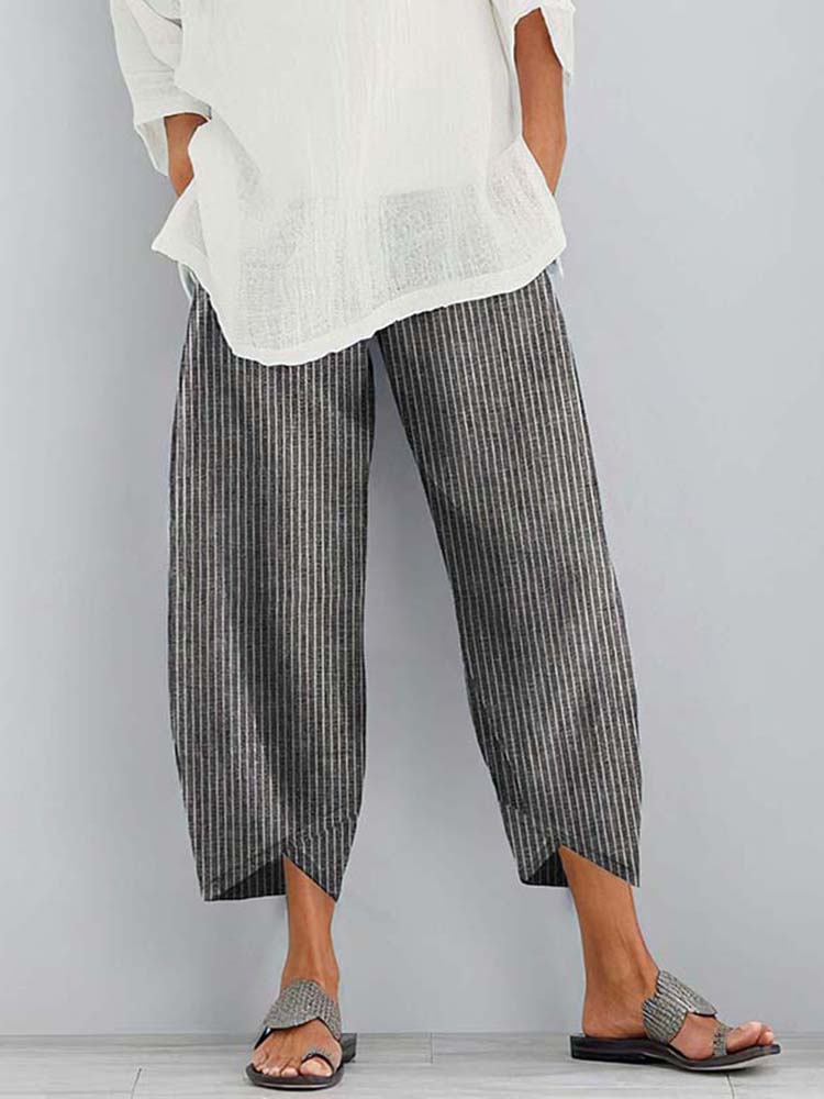 Women‘s Stripes Pocket  Linen Blend Comfy Pants