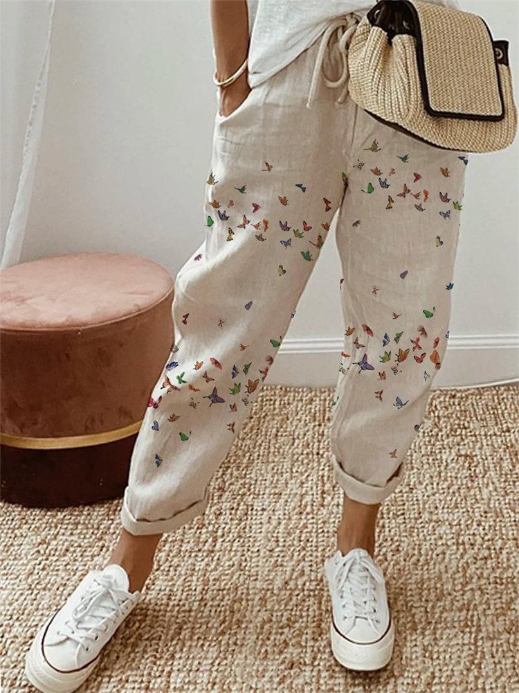 Butterfly Print Linen Casual Long Harem Pants