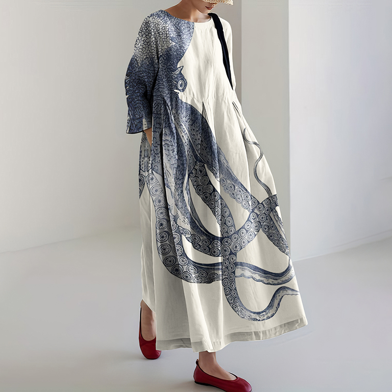 Japanese Art Octopus Print Casual Art  Linen Blend Long Sleeve Maxi Dress