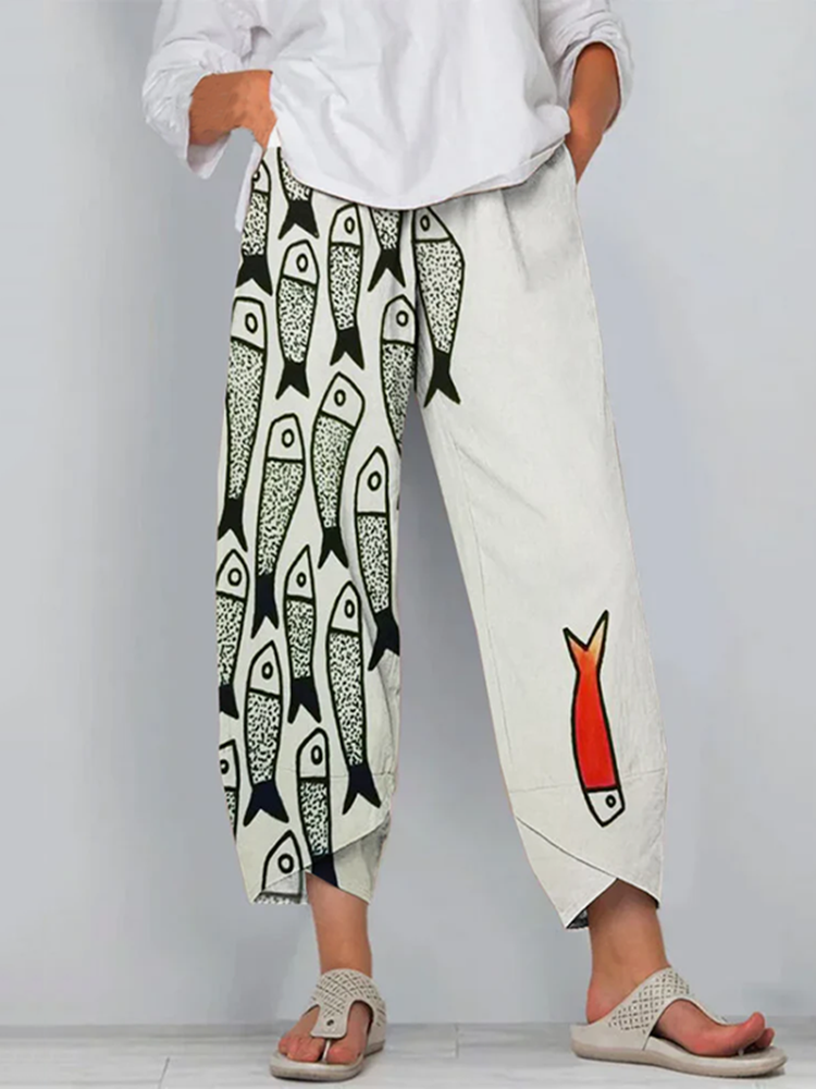 Retro Fun Sardinas Fish Art Cropped Casual Pants