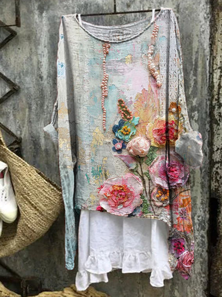 Vintage Floral Print Linen Blend Casual Shirt