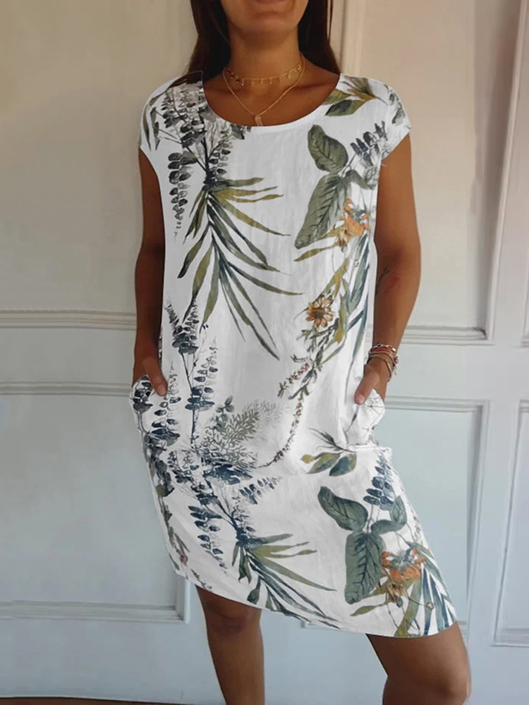 Fashionable Plant Cotton And Linen Round Neck Women'S Dress