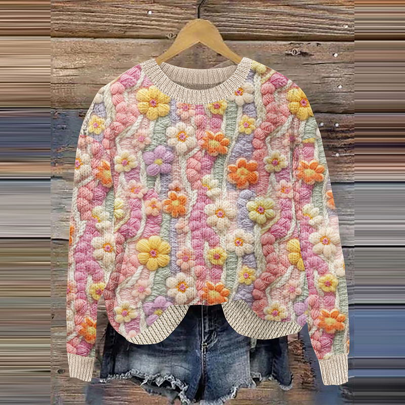 Floral Print Casual Knitted Pullover Sweater