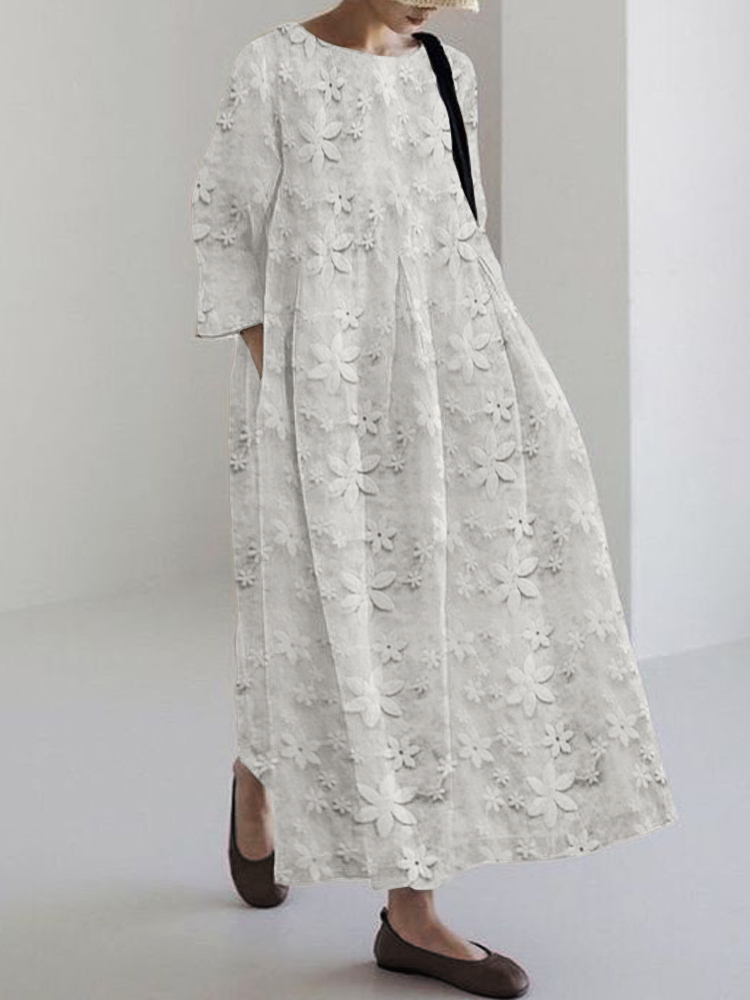 Floral Lace Embroidered Linen Blend Maxi Dress