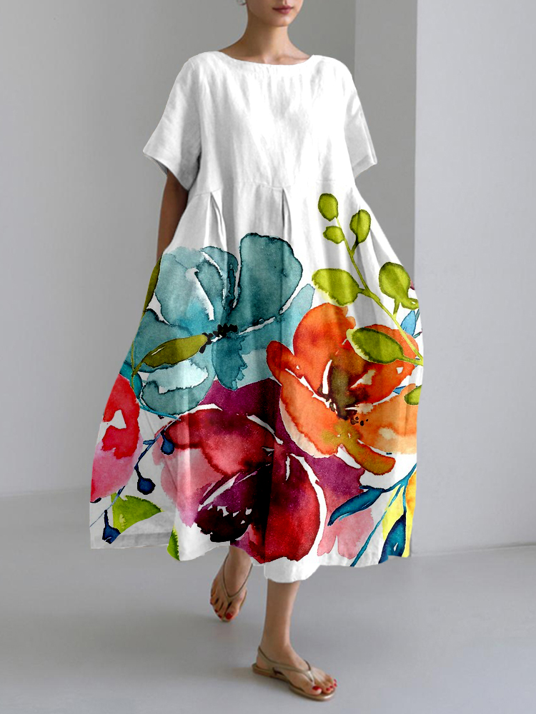 Bright Watercolor Peonies Art Linen Blend Maxi Dress
