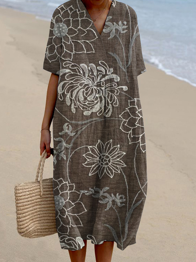 Vintage Floral Print V-Neck Loose Midi Dress