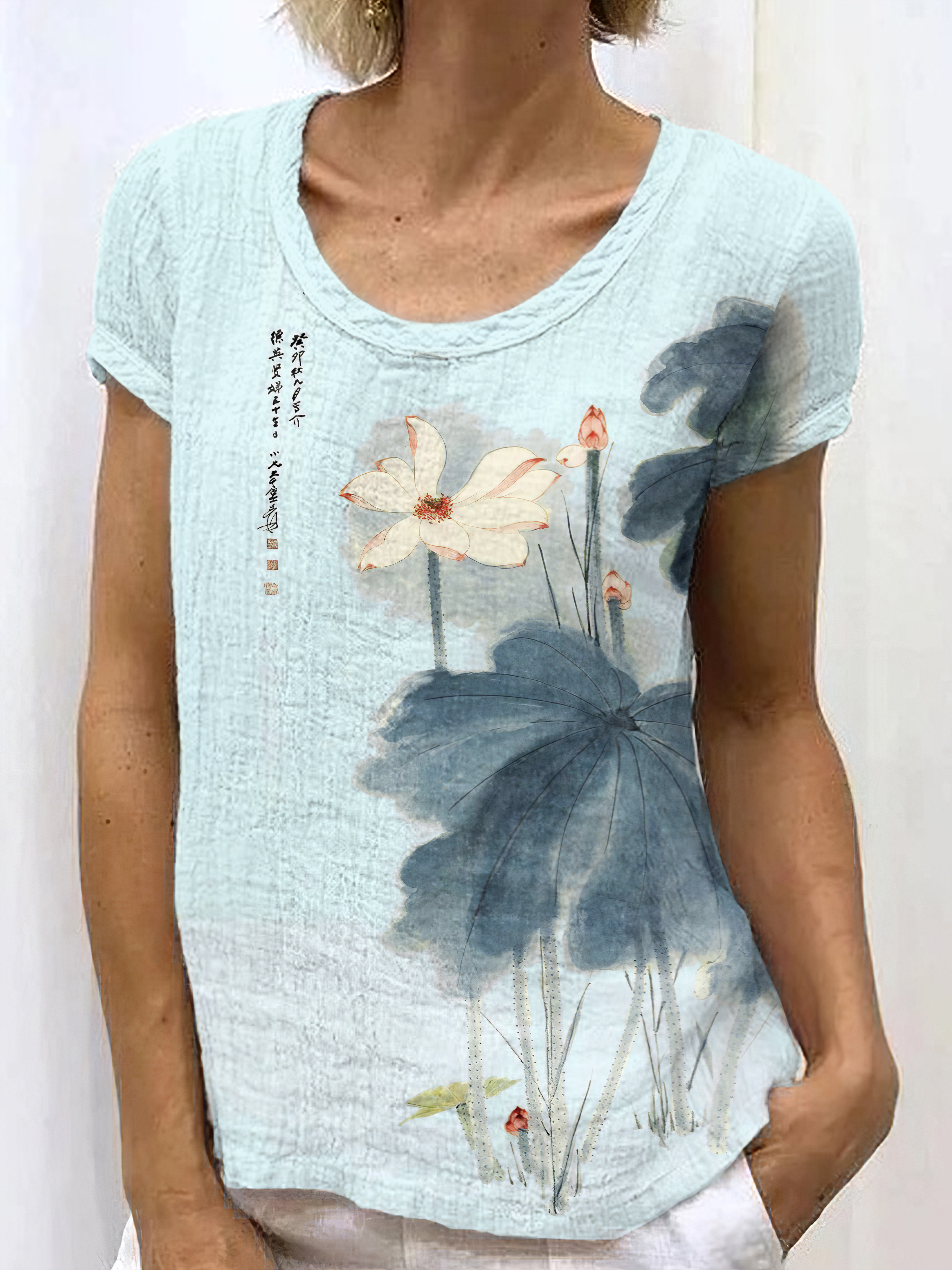 Japanese Retro Orchid Ink Wash Painting Art Linen Casual T-Shirt