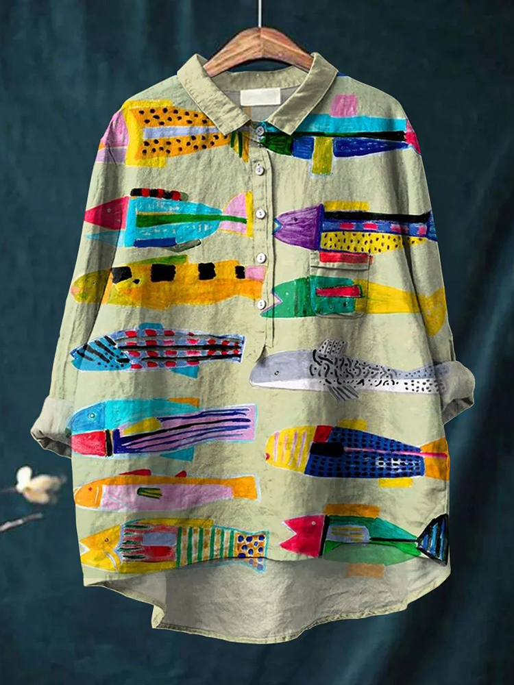 Women's Colorful Fish Printed Casual Cotton And Linen Shirt