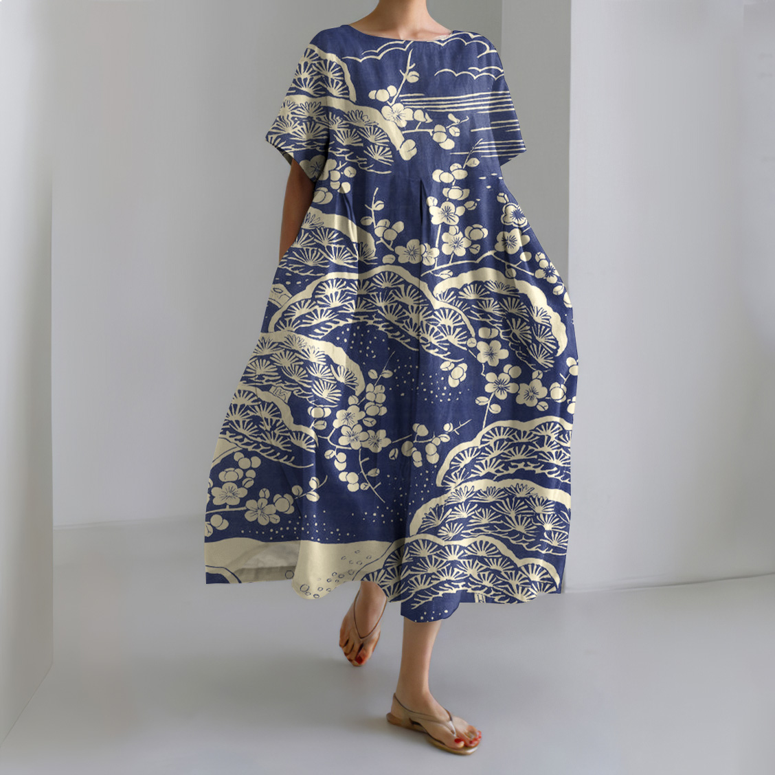 Japanese Art Plum Blossom Printed Crew Neck Casual Midi Dress