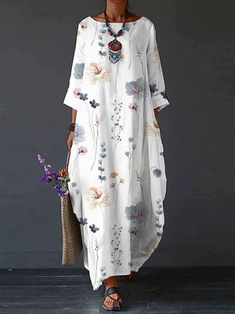 Women's Floral Print Loose Cotton Linen Maxi Dress
