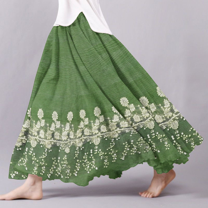 Women's Vintage Floral Print Art Linen Blend Flowy Skirt