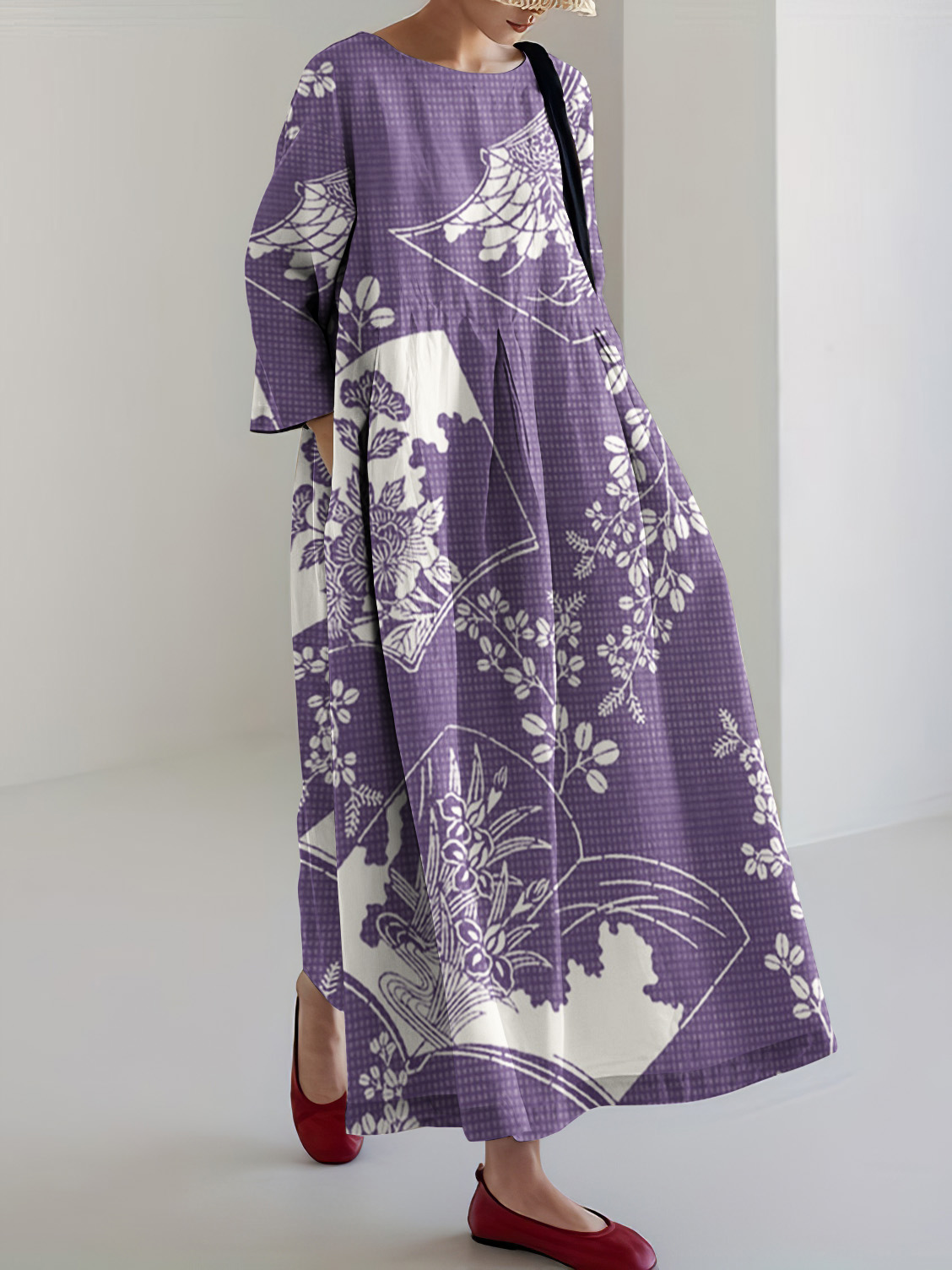 Japanese Art Floral Print Linen Blend Loose Midi Dress
