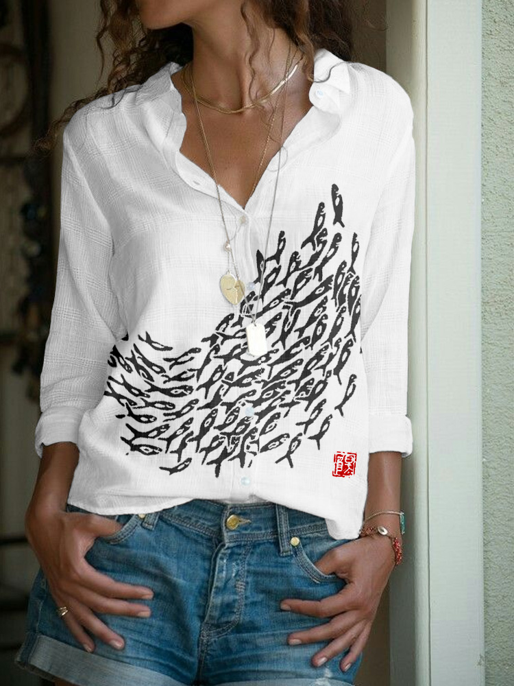 Fish Japanese Art Linen Blend Cozy Blouse